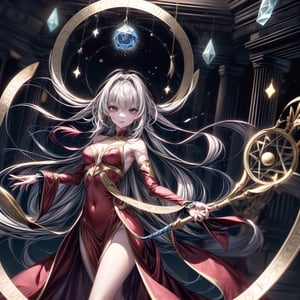 (Magic circle deployed in countless numbers: 1.6,)
Magician girl, long white hair, detailed hair expression,
（A black dress with red embroidery all over:2.0)
The girl has a cane with a blue gem on it,
dynamic pose,
Many polka dots are dancing in the air,
water temple,midjourney