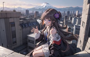 A 20-year-old woman with long black hair.
She is wearing a colorful off-shoulder dress suit.
A girl is looking at the Tokyo skyline from the balcony.
A city lined with buildings.
Mt. Fuji can be seen faintly through the gap between the buildings.