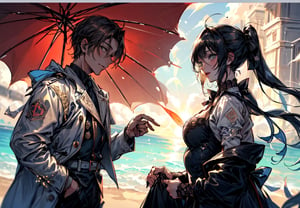 A man and a woman are looking at each other on the beach with the setting sun in the background. The man is wearing a military suit, and the woman is wearing a dress with lots of frills and lace. Anime watercolor illustration.