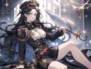 A woman, major, wearing a miniskirt military uniform.
20 years old, long black hair,
wearing a hat,
her medal is on her chest
has a whip,
Inside the base,