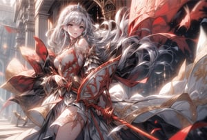 Princess knight, silver hair, tied hair,
Armor like a tiara,
Hair tousled by the wind,
white dress with red embroidery with metal,
crystal temple, stained glass,
Large Sword & Large Shield