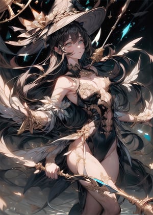 (Delicate depiction with sharp lines: 1.8)
Magician girl, long black hair, detailed hair expression,
Black leotard dress with golden embroidery, witch hat,
He has a cane with a blue gem on it,
dynamic pose,
Magic circle, water dancing in the air,
water temple,