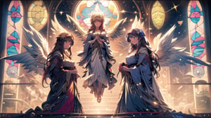 Angels, goddesses, golden embroidery, long dresses, frills,
big white wings,
Cathedral,
Stained glass,
full moon,