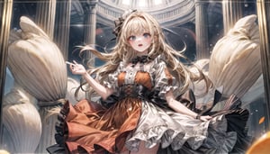 An orange dress with lots of frills,
A 20-year-old woman with blonde hair in vertical rolls,
Greetings from Courtesy,