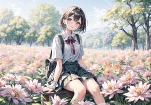 A girl sitting in a flower field.
She spreads her frilly skirt and sits down.
colorful flowers.