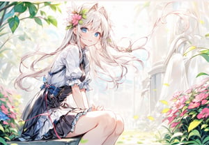 A girl sitting in a flower field.
She spreads her frilly skirt and sits down.
colorful flowers.,maidane, twin braids,perfect light,CrclWc,1 girl