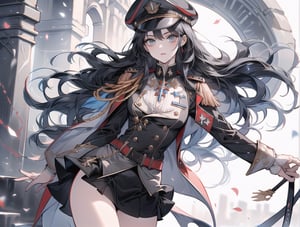 A woman wearing a miniskirt military uniform,
20 years old, long black hair,
wearing a hat,
her medal is on her chest
has a whip,
Inside the base,