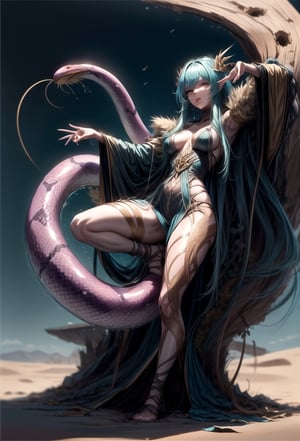 Lamia,
A snake's tail instead of a woman's legs,
Whole body, dynamic pose,
desert,