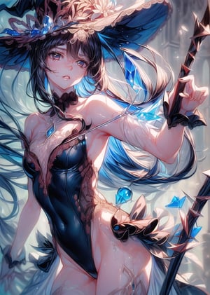 (Delicate depiction with sharp lines: 1.8)
Magician girl, long white hair, detailed hair expression,
Black leotard dress with red embroidery, witch hat,
He has a cane with a blue gem on it,
dynamic pose,
Magic circle, water dancing in the air,
water temple,
