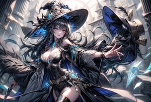 Magician girl, long black hair, witch hat,
A pose with arms outstretched, holding a cane with a blue gemstone on it.
Magic Circle,
ice temple,