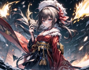 Red Samurai Sword Girl.
A background filled with flames.
Snowstorm.
snow scene
kimono.
