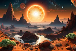 A landscape of an alien planet that has two suns and three moons | The planet is covered with strange vegetation and rocks | The plants have different colors and textures | Some of them are transparent and show their roots and veins | The rocks have geometric patterns and crystals | The suns and moons create a beautiful contrast in the sky