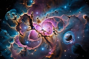 A close-up view of a nebula, a new stars are being born | The nebula has different shades of purple, blue, and pink | The stars are bright and sparkling, Some of them have planets orbiting around them | The planets have various shapes, sizes, and colors | Some of them have rings, moons, or atmospheres