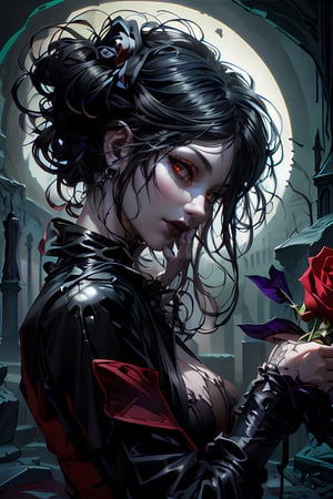 gothic woman with black hair and a rose in her hand, gothic art style, in style of dark fantasy art, gothic art, gothic romance, gothic fantasy art, gothic maiden, dark fantasy style art, gothic girl, gothic, goth woman, style of charlie bowater, dark beauty, gothic fantasy, in style of charlie bowater, gothic maiden of the dark