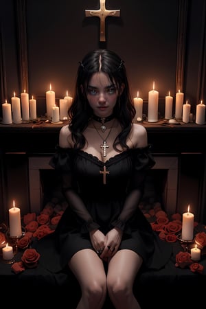 A lonely goth girl surrounded by flames and darkness. She sits in a pentagram made of roses and candles, her eyes closed and her lips parted. She wears a black dress and a choker with a cross pendant. The room is empty and dark, except for the flickering light of the candles