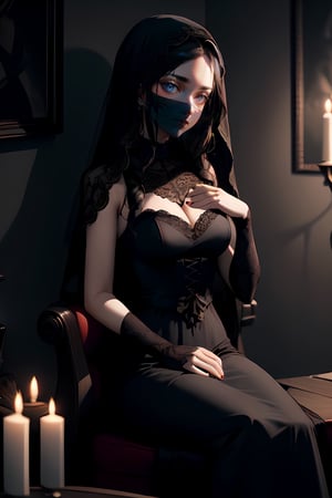 A gothic scene of horror and beauty. A goth girl sits in a pentagram of burning roses and candles, her hands clasped in prayer. She wears a black lace dress and a veil over her face. The room is filled with shadows and cobwebs, and a skull hangs on the wall behind her