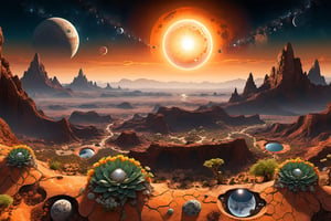 A landscape of an alien planet that has two suns and three moons | The planet is covered with strange vegetation and rocks | The plants have different colors and textures | Some of them are transparent and show their roots and veins | The rocks have geometric patterns and crystals | The suns and moons create a beautiful contrast in the sky