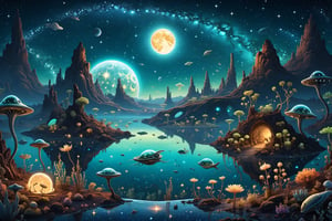 A starry night sky over an alien planet with glowing plants and animals. The creatures have transparent skin that reveals their internal organs and bones. Some of them are flying, some are crawling, and some are swimming in a bioluminescent lake