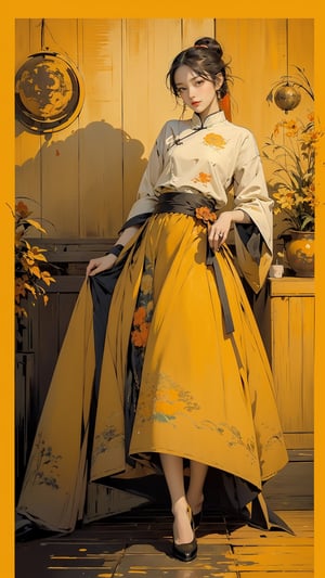 extreme detailed, (masterpiece), (top quality), (best quality), (official art), (beautiful and aesthetic:1.2), (stylish pose), (1 woman), (fractal art:1.3), (colorful), (orange-yellow theme: 1.2), ppcp,long skirt,perfect,ChineseWatercolorPainting