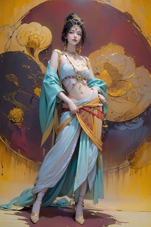 extreme detailed, (masterpiece), (top quality), (best quality), (official art), (beautiful and aesthetic:1.2), (stylish pose), (1 woman), (fractal art:1.3), (colorful), (burgundy-yellow theme: 1.2), ppcp, 七分裙, show navel ,perfect,ChineseWatercolorPainting