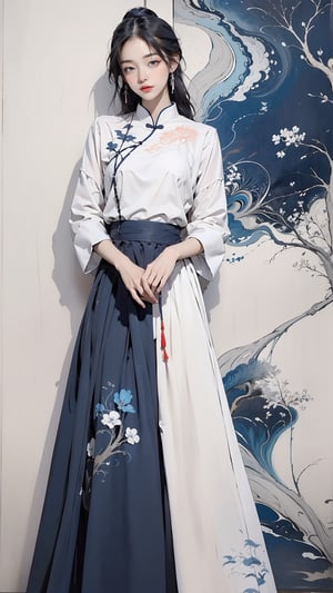 extreme detailed, (masterpiece), (top quality), (best quality), (official art), (beautiful and aesthetic:1.2), (stylish pose), (1 woman), (fractal art:1.3), (colorful), (navy-milkywhite theme: 1.2), ppcp,long skirt,perfect,ChineseWatercolorPainting