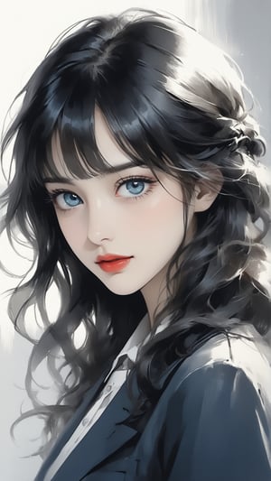 Sketch of a beautiful girl, shy Chuckle smile, ((22 years old korean girl)), ((a beautiful girl with clear blue eyes)), portrait, soft light-red lips, black hair, illustration art, soft light, detailed, strong grayscale, elegant, high contrast, with thin lines Add soft blur, sketch of a beautiful girl, portrait of Charles Miano, ((full body shot)), strong  backlight, ,zavy-hrglw, niji5,aesthetic portrait,jyojifuku,anica_teddy