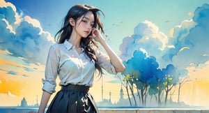 extreme detailed, (masterpiece), (top quality), (best quality), (official art), (beautiful and aesthetic:1.2), (stylish pose), (1 woman), (colorful), (multicolor theme: 1.5), ppcp, medium length skirt, 	looking into distance, long wave black hair, 
perfect,ChineseWatercolorPainting,Chromaspots,fairy,pastelbg,Ava