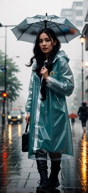 Imagine a woman wearing raincoat in the rain,street scene, super realistic,HD, 8k, photography, bokeh, ultra HD,high resolution, 