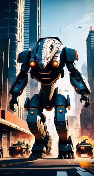 An Apatosaurus giant robot with very strong body, leads the dinosaur special forces invading cyberpunk city. Envision a super powerful image that embodies the advanced technology, scary package, violences, massive explosions