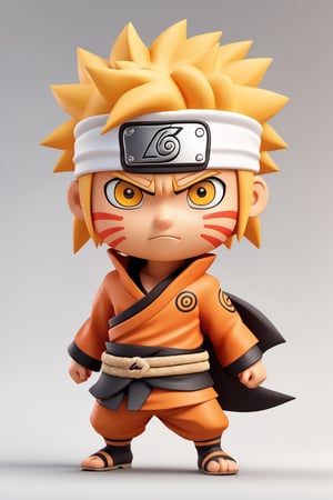 (full body) Tribal version mascot of cute and cubby Naruto Uzumaki, angry expression, fighting pose, masterpiece artwork, white accent, detailed face features, sharp eyes, extremely detailed, intricate details, muted color scheme, subtle gradients, photorealistic, 8k, 3d style