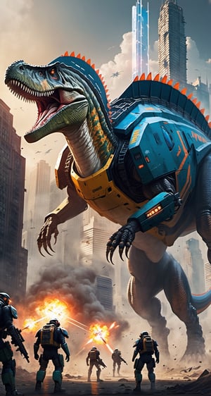 An Spinosaurus giant robot with very strong body, leads the dinosaur special forces invading cyberpunk city. Envision a super powerful image that embodies the advanced technology, scary package, violences, massive explosions