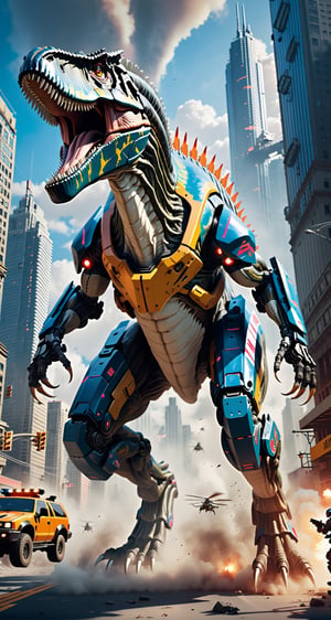 Imagine a Allosaurus giant robot with very strong body, leads the dinosaur special forces invading cyberpunk city. Envision a super powerful image that embodies the advanced technology, scary package, violences, massive explosions