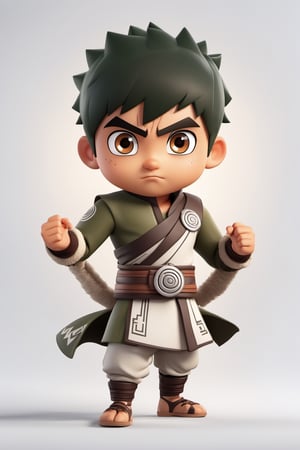 (full body) Tribal version mascot of cute and cubby Rock Lee, angry expression, fighting pose, masterpiece artwork, white accent, detailed face features, sharp eyes, extremely detailed, intricate details, muted color scheme, subtle gradients, photorealistic, 8k, 3d style