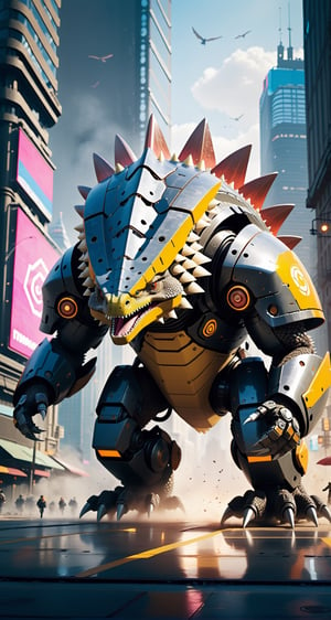 Imagine a Ankylosaurus giant robot with a small monitor-like face and a very strong body, destroying cyberpunk city. Envision a super powerful image that embodies the advanced technology, scary package