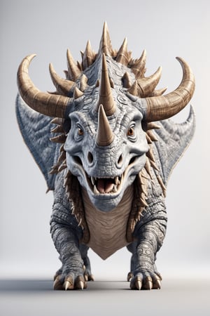 (full body) Tribal version mascot of Triceratops, angry expression, fighting pose, masterpiece artwork, white accent, detailed face features, sharp eyes, extremely detailed, intricate details, muted color scheme, subtle gradients, photorealistic, 8k, 3d style