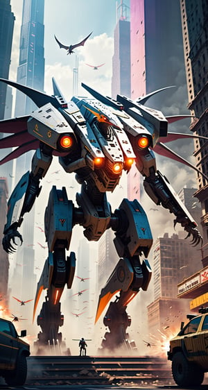 Imagine a Pterodactyl giant robot with very strong body, leads the dinosaur special forces invading cyberpunk city. Envision a super powerful image that embodies the advanced technology, scary package, violences, massive explosions