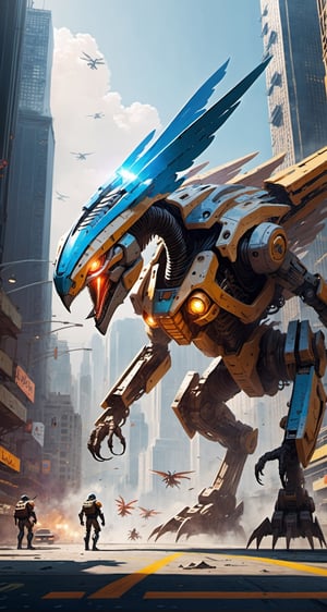 An Archaeopteryx giant robot with very strong body, leads the dinosaur special forces invading cyberpunk city. Envision a super powerful image that embodies the advanced technology, scary package, violences, massive explosions