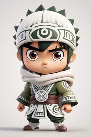 (full body) Tribal version mascot of cute and cubby Rock Lee, angry expression, fighting pose, masterpiece artwork, white accent, detailed face features, sharp eyes, extremely detailed, intricate details, muted color scheme, subtle gradients, photorealistic, 8k, 3d style