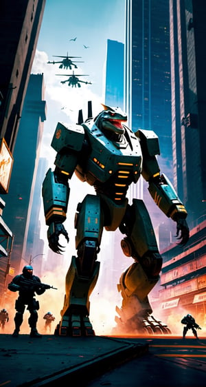 An Iguanodon giant robot with very strong body, leads the dinosaur special forces invading cyberpunk city. Envision a super powerful image that embodies the advanced technology, scary package, violences, massive explosions