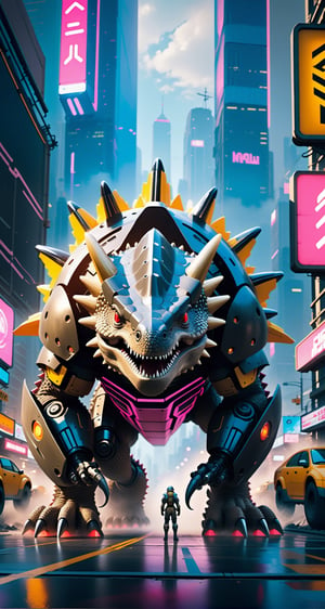 Imagine a Ankylosaurus giant robot with a small monitor-like face and a very strong body, destroying cyberpunk city. Envision a super powerful image that embodies the advanced technology, scary package