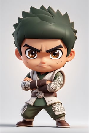 (full body) Tribal version mascot of cute and cubby Rock Lee, angry expression, fighting pose, masterpiece artwork, white accent, detailed face features, sharp eyes, extremely detailed, intricate details, muted color scheme, subtle gradients, photorealistic, 8k, 3d style