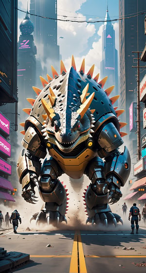 Imagine a Ankylosaurus giant robot with a small monitor-like face and a very strong body, destroying cyberpunk city. Envision a super powerful image that embodies the advanced technology, scary package