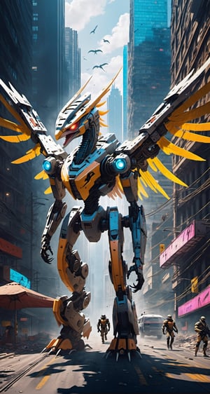 An Archaeopteryx giant robot with very strong body, leads the dinosaur special forces invading cyberpunk city. Envision a super powerful image that embodies the advanced technology, scary package, violences, massive explosions