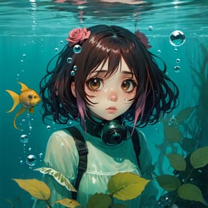 1girl, solo, gas_mask, bangs hair, sad, crying, looking at viewer, brown eyes, dark hair, water, leaf, looking up, monster girl, partially submerged, freckles, fish, underwater, air bubble, rose colors, sad_face, sleepy