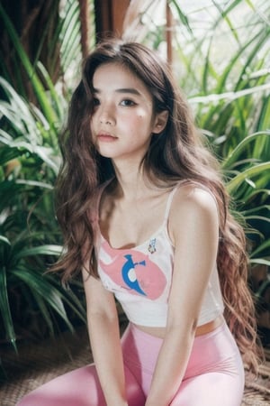 Photo of a hyperdetailed, ((Beautiful taiwan young girl with long wavy hair)), [jungle|field], Stars in the sky, soft focus, dmt, film grain, Canon RF, F/2.8, ((nsfw)), ((sexy tshirt and pink leggings)), (()), (()), (((nipslip))), 