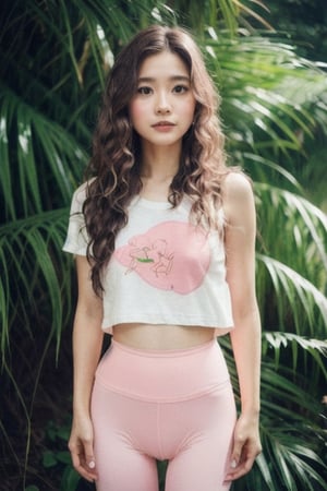 Photo of a hyperdetailed, ((Beautiful taiwan young girl with long and big wavy hair)), [jungle|field], Stars in the sky, soft focus, dmt, film grain, Canon RF, F/2.8, ((nsfw)), ((sexy tshirt and pink leggings)), ((cameltoe)), (()), (((nipslip))), 