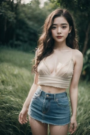 Photo of a hyperdetailed, ((Beautiful taiwan young girl with long wavy hair)), [jungle|field], Stars in the sky, soft focus, dmt, film grain, Canon RF, F/2.8, ((nsfw)), ((croptop and miniskirt)), (()), (()), (((nipslip))), 