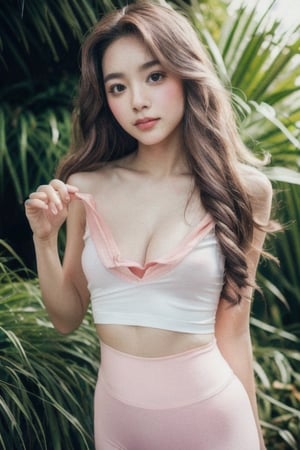 Photo of a hyperdetailed, ((Beautiful taiwan young girl with long wavy hair)), [jungle|field], Stars in the sky, soft focus, dmt, film grain, Canon RF, F/2.8, ((nsfw)), ((sexy tshirt and pink leggings)), ((cameltoe)), (()), (((nipslip))), 