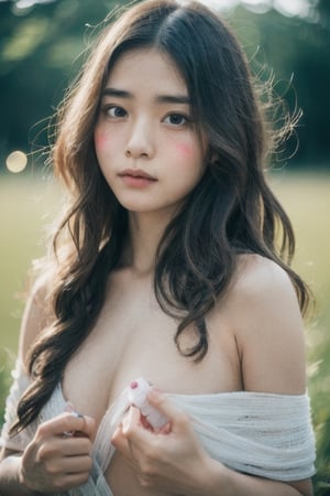 Photo of a hyperdetailed, ((Beautiful taiwan young girl with long wavy hair)), [jungle|field], Stars in the sky, soft focus, dmt, film grain, Canon RF, F/2.8, ((nsfw)), ((in bandage wrap around body)), ((flat_chest)), (()), (((nipslip))), 
