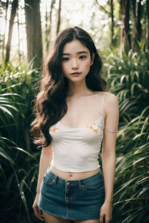 Photo of a hyperdetailed, ((Beautiful taiwan young girl with long wavy hair)), [jungle|field], Stars in the sky, soft focus, dmt, film grain, Canon RF, F/2.8, ((nsfw)), ((tshirt and miniskirt)), (()), (()), (((nipslip))), 